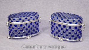 Caja de la joyería de la joyería del trinket del vidrio tallado de la placa de plata del Victorian