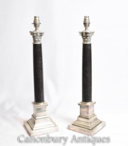 Par Regency Corinthian Columna Lámparas de mesa Luces Plateado