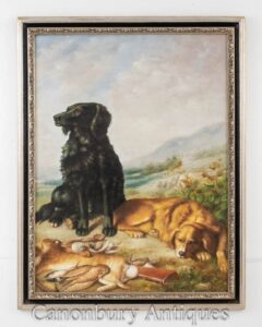 Escena de pintura al óleo de caza de perros - Retriever inglés y caza de liebres