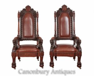 Par de sillones de biblioteca tallados Tronos renacentistas italianos 1880