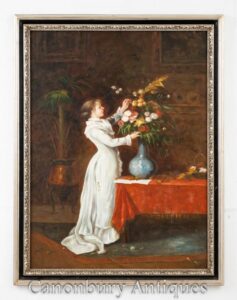 Pintura al óleo victoriana Arreglo de flores Chica - Retrato floral