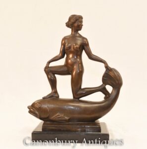 Estatua de pez y desnudo femenino de bronce de Fremiet - Escultura clásica francesa