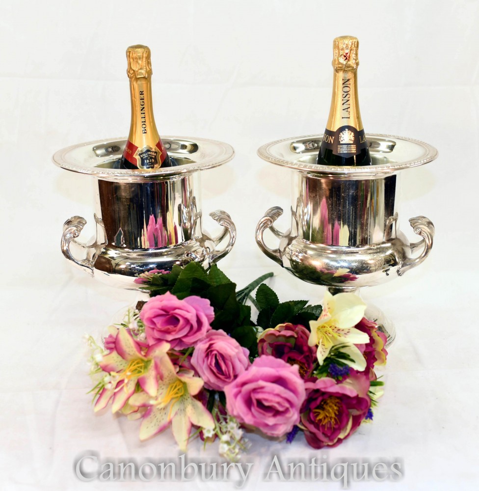 Par de enfriadores de vino plateados Art Nouveau - Cubo de hielo con champán