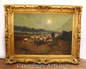 Pintura al óleo antigua granjero de ovejas paisaje victoriano 1880